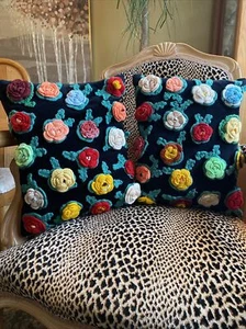 Pair PILLOW Handmade Crochet RAISED 3-D FLOWERS Black Colorful Granny Chic 13x16 - Picture 1 of 12