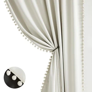 Full Blackout Curtains for Bedroom Natural Ivory Pom-Pom Thermal Insulated Wi... - Picture 1 of 8