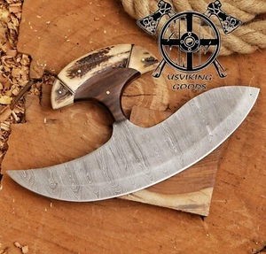 Hand Forged, Fixed Blade Damascus Steel Pizza Cutter with Beautiful Stag Handle, - Picture 1 of 6