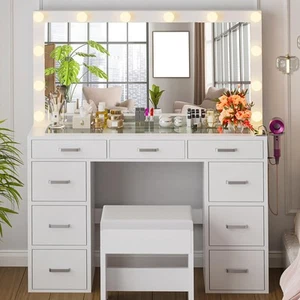 Vanity Desk with Lighted Mirror & Tempered Glass Tabletop - 47'’ Large Makeup... - Picture 1 of 7
