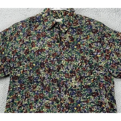 Camisa DE COLECCIÓN Robert Stock Para Hombre Mediana Verde Multi Geométrica 100% Seda Abotonada Foto 1 de 4