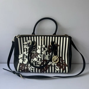 Henri Bendel West 57th Floral Stripe Satchel Bag Braun Leder Handtasche Beuteltasche - Bild 1 von 22