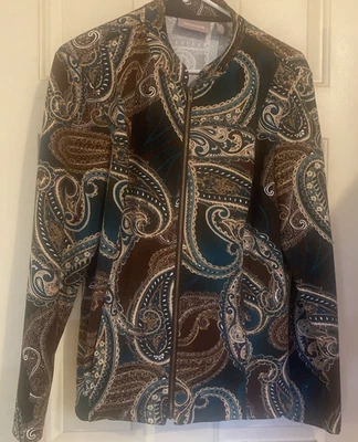 Chico's Chaqueta Cremallera Completa Mujer Talla 2 (US L) Verde Marrón Estampado Paisley Bolsillos Foto 1 de 4