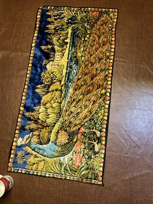 Vintage Hand Made Peacock Pattern VTG Rayon/Cotton Wall Tapestry 38x19” - Image 1 of 4