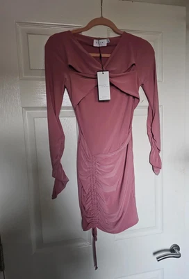 Club London baby pink ruched mini dress size 8 long sleeves v neck line adjustab - Image 1 of 4