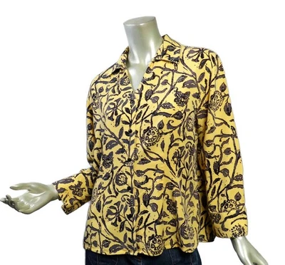 Tianello Suzy Blouse Size Large Pale Yellow Black Batik Floral Lightly Fitted - Image 1 of 4