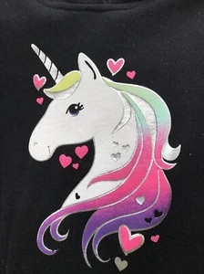 Jumping Beans Girl's Sz.7 Unicorn Fleece Top Shirt Hooded Foiled Slvr Hearts Blk - Picture 1 of 7