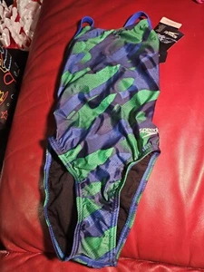 Speedo Women's Swimsuit One Piece PowerFlex Cross Back Printed Blue Size 22 - Picture 1 of 4