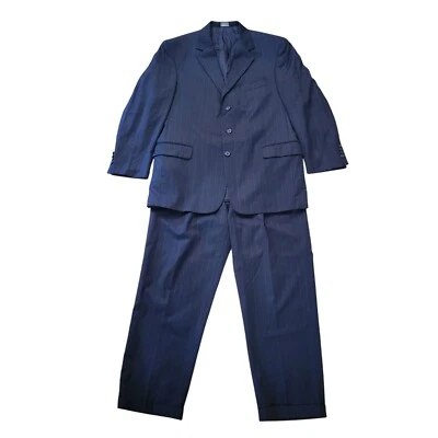 Jos A Bank 2 Pc Black Pinstripe 3 Button Suit 44R Wool 39x30 Business Man - Image 1 of 4