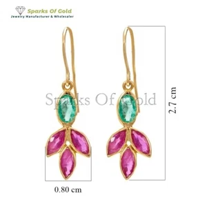 Pendientes colgantes de rubí natural y esmeralda oro amarillo sólido de 14K joyería fina gif - Imagen 1 de 4