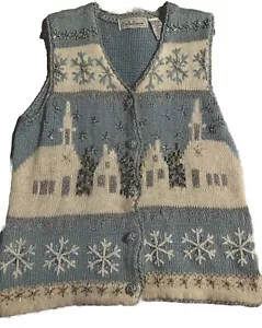 VTG HTF Belle Pointe  Angora lambswool Vest Cardigan Holiday Snowflakes Beaded - Picture 1 of 19