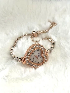 Dainty Fashion Bracelet Watch Women Ladies Rose Gold Tone Heart Cubic Zirconia - Picture 1 of 7