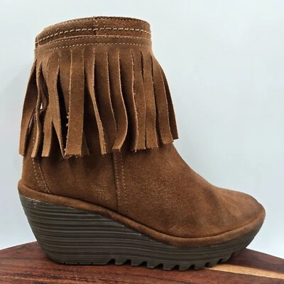 Fly London Yagi 靴子女式 38 / 7.5 棕色麂皮绒厚底楔形条纹短靴 — 第 1/4 张图片