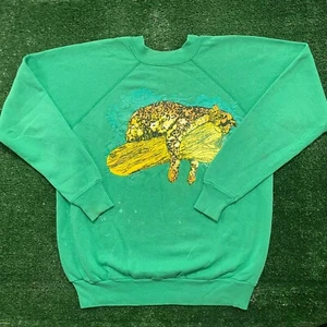 Vintage 1980s Jaguar Nature Animal Rainforest Art Green Crewneck Sweatshirt - Picture 1 of 5