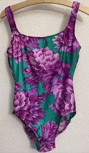 Cole of California Swimsuit Women's 12 One Piece Vintage Purple & Green Floral - Picture 1 of 11