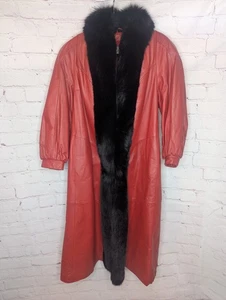 Vintage Damen Rallee Thermolite Rot Leder Fuchspelzbesatz Langer Mantel Gr. S - Bild 1 von 21