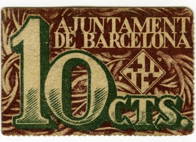 ☆ SPAIN CIVIL WAR 1937 • BARCELONA 10c. MUNICIPAL ☆ GUERRA CIVIL ESPAÑOLA ☆D1403 - Image 1 of 2