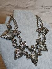 statement bib necklace clear jewel chunky chain Silver tone fleurs de lys 40+8cm