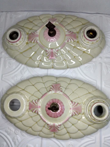 Lot of 2 PORCELIER 2-Bulb Porcelain Ceiling Lights Art Deco Light yellow/Pink Cover