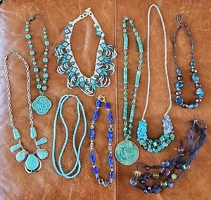Blue Green Glass Beaded Necklace Lot 9 boho - Picture 1 of 18