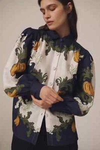 New Farm Rio x Anthropologie Puff-Sleeve Printed Buttondown Blouse L Navy $188 - Picture 1 of 4