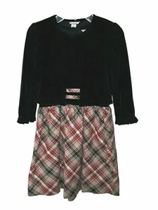 Girls HARTSTRINGS Size 6 Dress Black Red Beige Plaid Velvet Long Sleeve - Picture 1 of 7