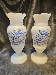 Pair Of Opaline Glass Vases, Hand Painted Blue Bird, Late 19th Ct - Picture 1 of 12