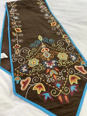 NEW Pier 1 Brown Ethnic Satin Table Runner 14x72 Crewel Floral Embroidery Blue - Image 1 of 4