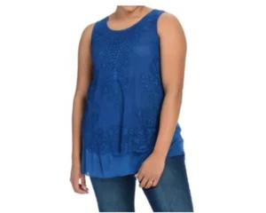 OSO Casuals XS Mixed Media Sleveless 2-Tier Round Neck Top blue Lace Embrodered - Picture 1 of 6