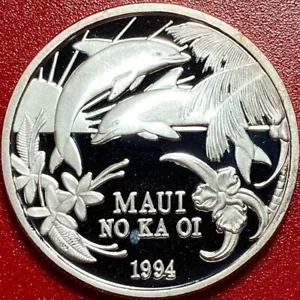 1994 HAWAII MAUI $1 TRADE DOLLAR 1 oz SILVER PROOF DOLPHINS FLOWERS SUN BOX+COA - Picture 1 of 12
