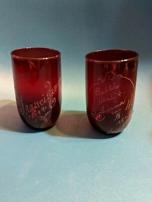 Pair of vintage etched/engraved ruby glasses - Image 1 of 4