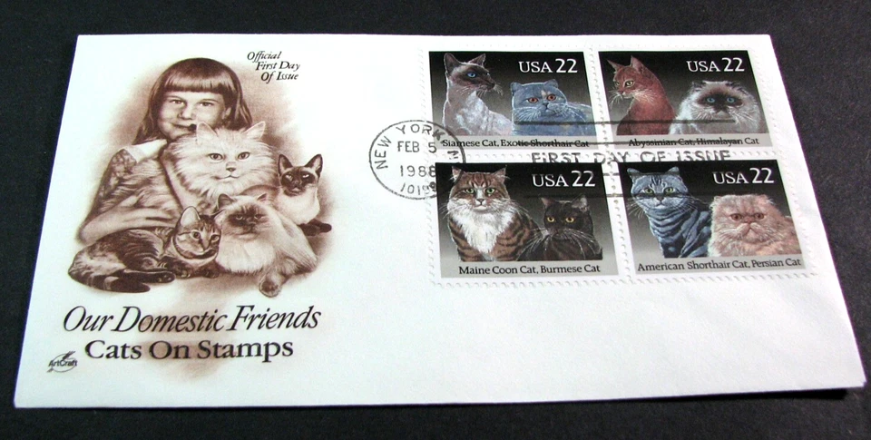 US Stamp FDC Scott# 2372-2375 Our Domestic Friends-Cats 1988 Used L755 - Image 1 of 1