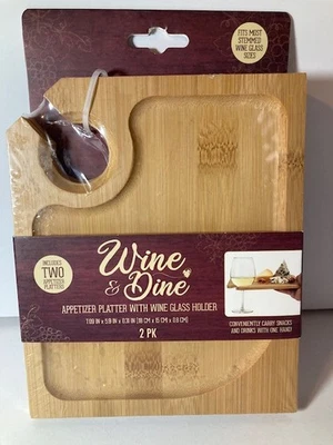 Wine & Dine Appetizer Platter with Wine Glass Holder Bamboo 2 Pack New Sealed - Image 1 of 4