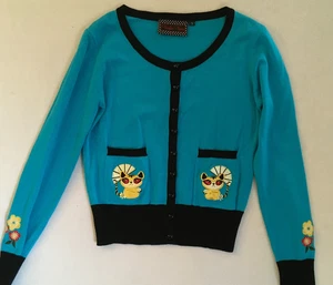 Voodoo Vixen Women Teal Black Trim Embroidered Cats L/S Cardigan Sweater Small S - Picture 1 of 15