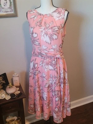 Jessica Howard Peachy Pink Floral Sleeveless Midi Flowy Dress, Belt, Size 8 - Image 1 of 4
