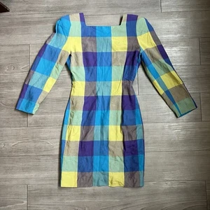 Vintage 80s Cool Toned Check Print Square Neck Long Sleeve Dress Barami Size 6 - Picture 1 of 5