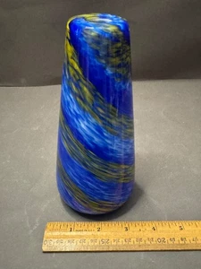 BLAU GELBE STREIFEN WIRBEL KUNST GLAS PENDELLEUCHTE LAMPENSCHIRM - Bild 1 von 6