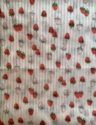 NEW Vintage 1960s Pink Cotton ORGANDY DIMITY FABRIC Red Strawberries   4 yd - Image 1 of 4