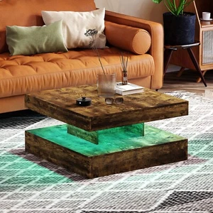 Square Coffee Table with LED Wood Low Coffee Table for Living Room Rustic Brown - Picture 1 of 10