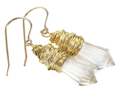 Crystal Earrings Pointed Clear 14k Solid Gold or Sterling Silver Wrap Drops - Image 1 of 4