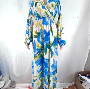 Ashley Stewart Maxi Long Dress Women Size 16 Semisheer Floral Print Blue Yellow - Picture 1 of 6