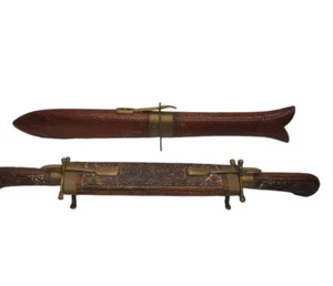 Vintage geschnitztes Holz Messing Scheide Set Serviergabel Messer Fisch Design - Bild 1 von 14