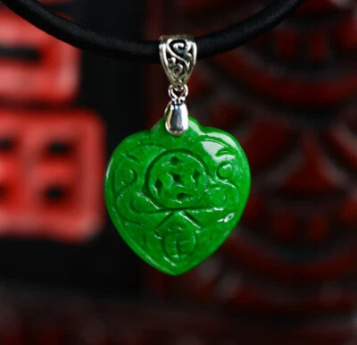 K09 Ciondolo A Cuore In Giada Verde Intagliato In Argento Sterling 925 - Immagine 1 di 4