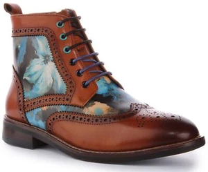 Justinreess England Hi Kennedy Floral Brogue Womens Boot Brown Blue US 5- 10 - Picture 1 of 6