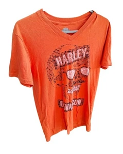 T-shirt Harley Davidson teschio stampa grafica arancione maglietta uomo scollo a V piccola - Foto 1 di 11