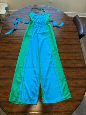 Jay Godfrey 100% шелк бирюза и зеленый с бретелью через шею комбинезон, размер 4 - Изображение 1 из 4