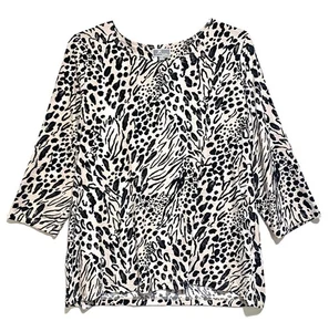 JM Collection Pullover Oberteil elfenbein & schwarz Leopardenmuster mit Stretch, Größe 1X - Bild 1 von 4