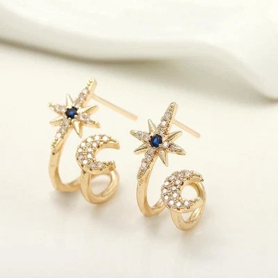 1Pair 18K Gold Plated Starburst, Crescent Moon Half Hoop Stud Earrings, Celesti - Image 1 of 2