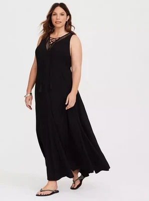 Torrid Women’s Size 2X Black Lace-Up Challis Trapeze Maxi Dress MSRP $78.90 - Image 1 of 4