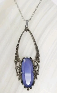 Art Deco Halskette mit Anhänger Sterlingsilber blauer Chalzedon von Theodor Farhner - Bild 1 von 7
